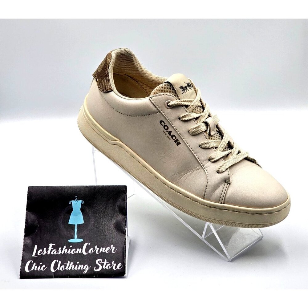 Coach Women's Beige Brown Logo Leather Clip Low-Top Sneakers Size 7.5B 2390 - Picture 15 of 16